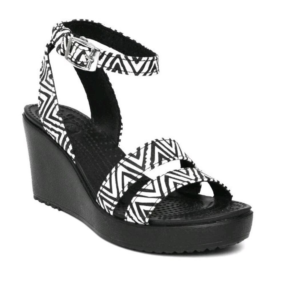 Crocs Leigh II Sz 8 Strappy Wedge And White Striped High Heel Sandals Comfort